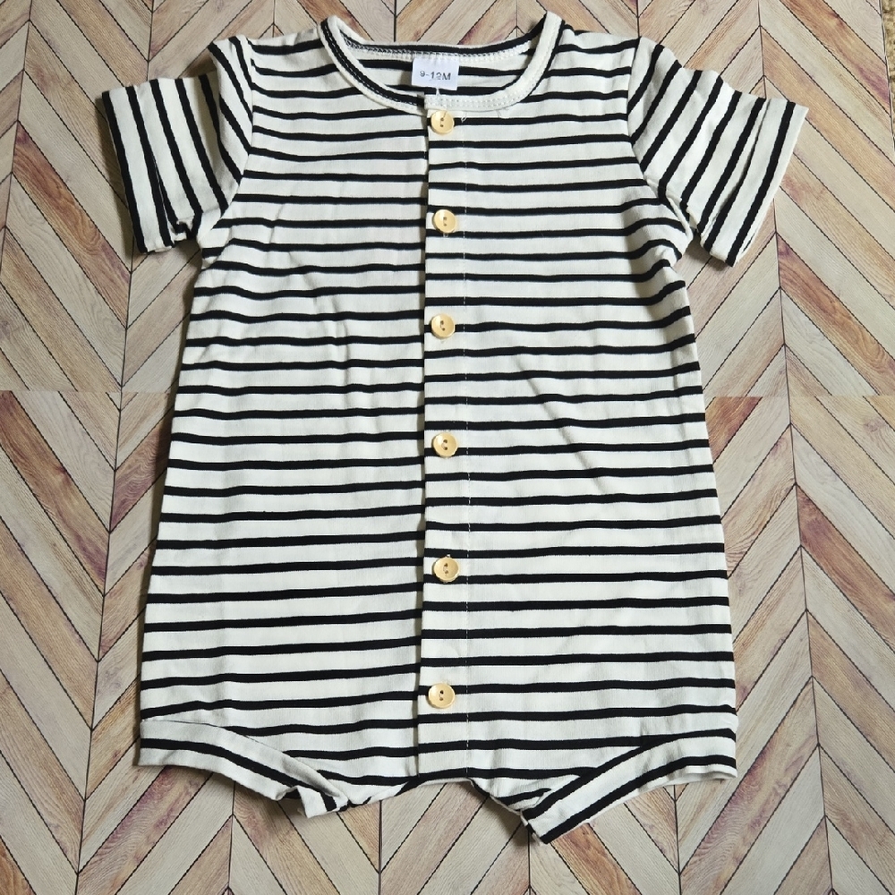 Boho Neutral Striped Baby Romper Short Sleeve Button-Front OnePiece Sunsuit 9-12